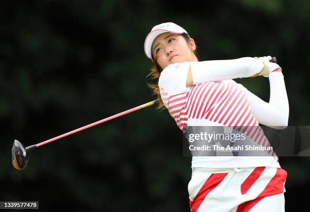 Mone Inami of Team Japan hits her tee shot on the 6th hole during the final round of the Women's Individual Stroke Play on day fifteen of the Tokyo...