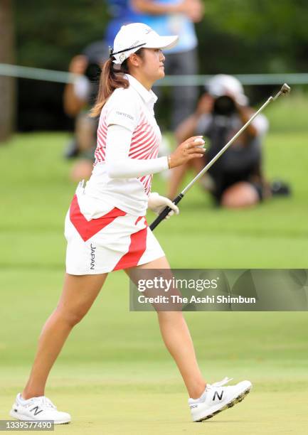Mone Inami of Team Japan celebrates the birdie on the 5th green during the final round of the Women's Individual Stroke Play on day fifteen of the...