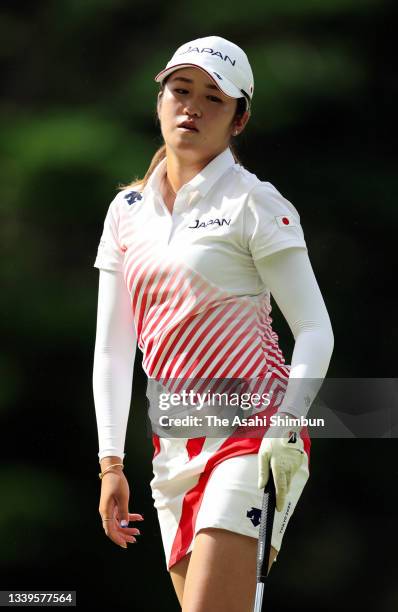 Mone Inami of Japan reacts after missing the birdie putt on the 2nd green during the final round of the Women's Individual Stroke Play on day fifteen...