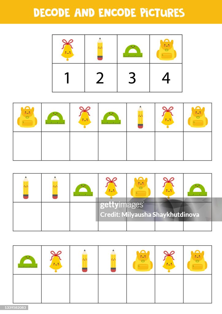 Decoding Imagebsymbol Decode And Encode Pictures Write The Symbols Under Cute School Supplies ...