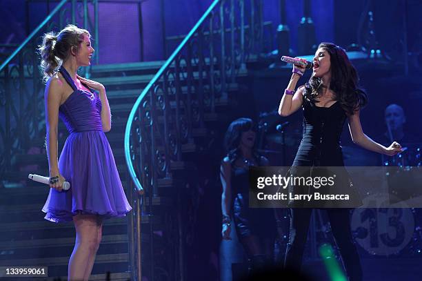 Taylor Swift and Selena Gomez perform onstage during the "Speak Now World Tour" at Madison Square Garden on November 22, 2011 in New York City....