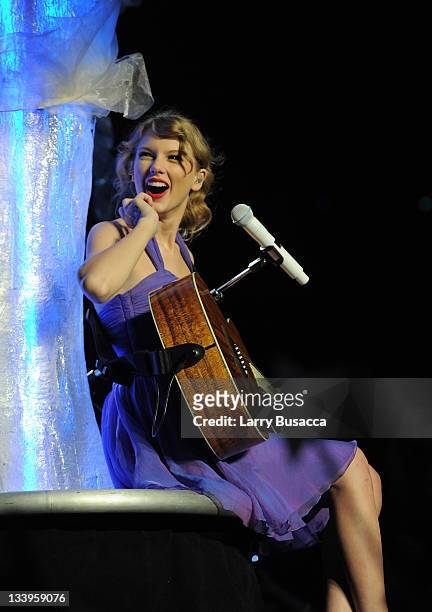 Taylor Swift performs onstage during the "Speak Now World Tour" at Madison Square Garden on November 22, 2011 in New York City. Taylor Swift wrapped...