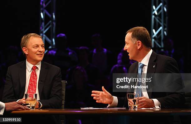 In this handout image provided by TVNZ, National Party Leader John Key and Labour Party Leader Phil Goff debate issues during the TVNZ Leader Debate...