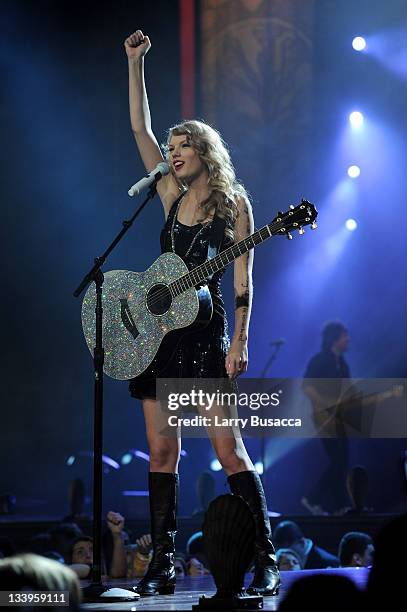 Taylor Swift performs onstage during the "Speak Now World Tour" at Madison Square Garden on November 22, 2011 in New York City. Taylor Swift wrapped...