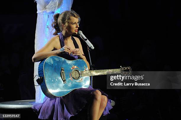 Taylor Swift performs onstage during the "Speak Now World Tour" at Madison Square Garden on November 22, 2011 in New York City. Taylor Swift wrapped...