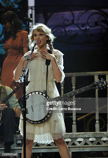 Taylor Swift performs onstage during the "Speak Now World Tour" at Madison Square Garden on November 22, 2011 in New York City. Taylor Swift wrapped...