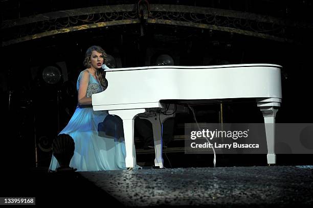 Taylor Swift performs onstage during the "Speak Now World Tour" at Madison Square Garden on November 22, 2011 in New York City. Taylor Swift wrapped...