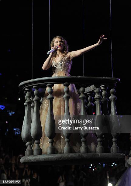 Taylor Swift performs during the "Speak Now World Tour" at Madison Square Garden on November 22, 2011 in New York City. Taylor Swift wrapped up the...