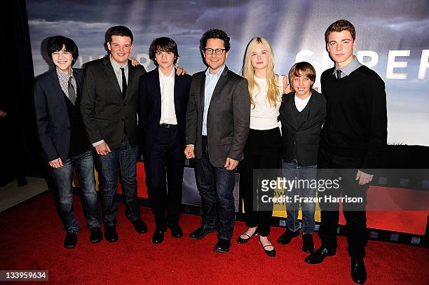 Actors Zach Mills, Riley Griffiths, Joel Courtney, director J.J. Abrams and actors Elle Fanning, Ryan Lee and Gabriel Basso arrive at Paramount...