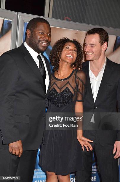 Steve McQueen, Nicole Beharie and Michael Fassbender attend the 'Shame' Paris Premiere at Mk2 Bibliotheque on November 22, 2011 in Paris, France.