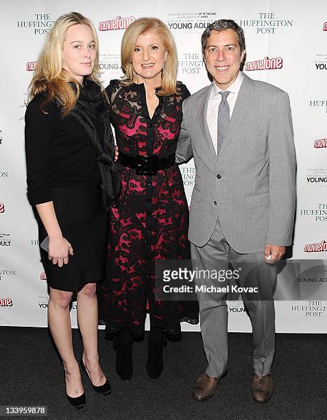 The Huffington Post's Lucy Blodgett, Arianna Huffington, and Roy Sekoff attend the AOL "Young Adult" Screening on November 22, 2011 in Santa Monica,...