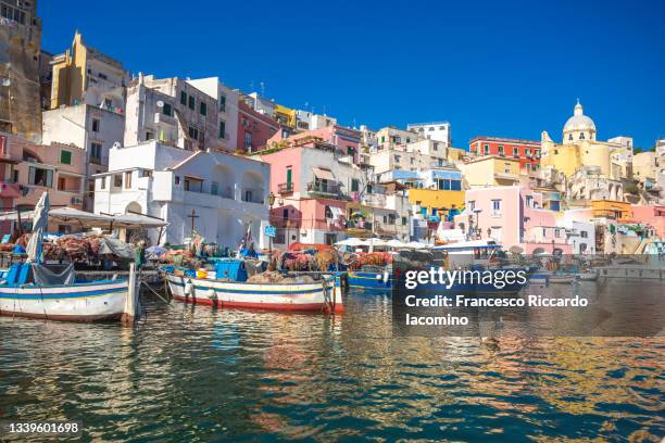 procida, multi colours houses in la corricella harbour. naples, campania, italy. capital of culture 2022 - mezzogiorno - fotografias e filmes do acervo