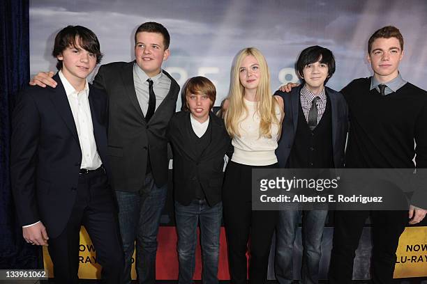 Actors Joel Courtney, Riley Griffiths, Ryan Lee, Elle Fanning, Zach Mills and Gabriel Basso arrive to Paramount Pictures' "Super 8" Blu-ray and DVD...
