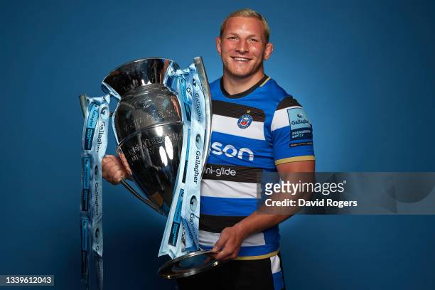 Sam Underhill of Bath Rugby poses for a photo with the Gallagher Premiership Trophy during the Gallagher Premiership Rugby Season Launch at...