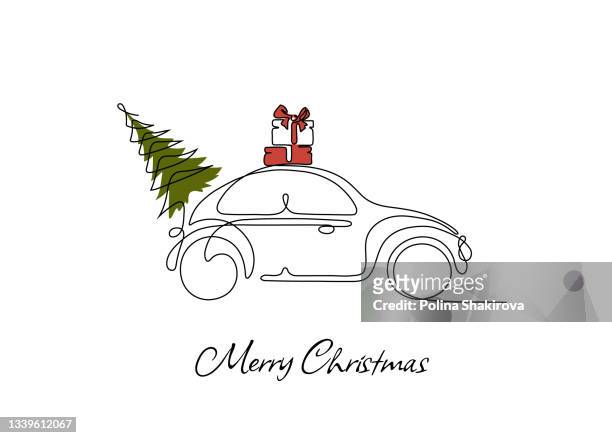 vector car with christmas tree and gift boxes. - single line illustration stock illustrations
