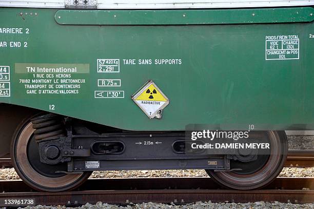 View of part of a train carrying highly radioactive nuclear waste from the retreatment La Hague factory bound for Gorleben in Germany, currently...