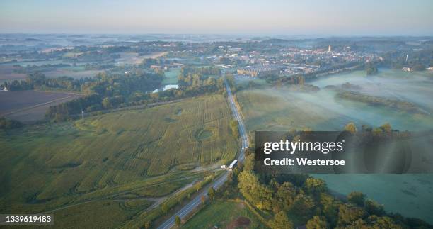 landscape with fog seen from above - denmark city stock pictures, royalty-free photos & images