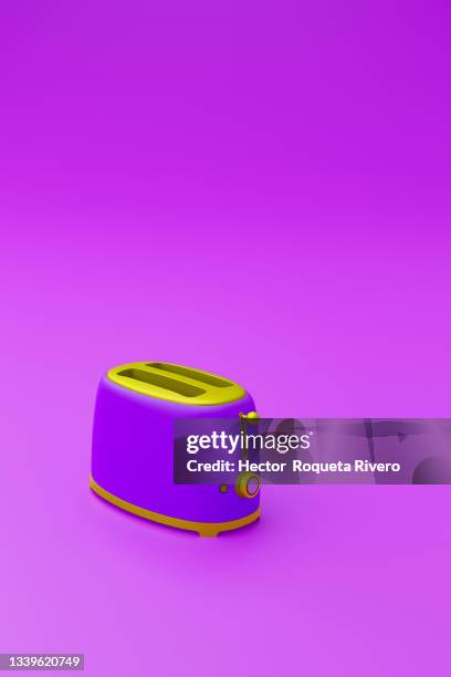 3d illustration of isolated violet and yellow toasters in purple background and copy space - old toaster stock pictures, royalty-free photos & images