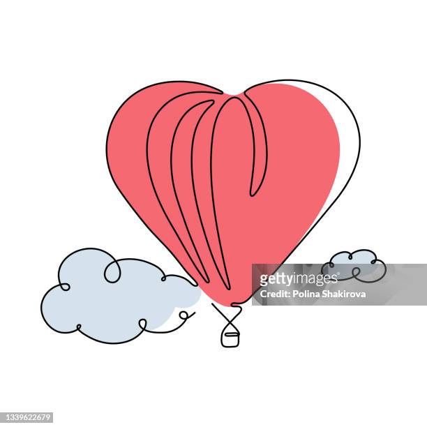 ilustraciones, imágenes clip art, dibujos animados e iconos de stock de dibujo de línea continua de globo de aire rosa en nubes. - honeymoon