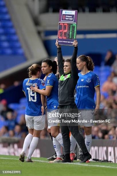 Assistant Referee Lucy Oliver holds up the substitution board as Valerie Gauvin of Everton Women comes on during the Barclays FA Women's Super League...