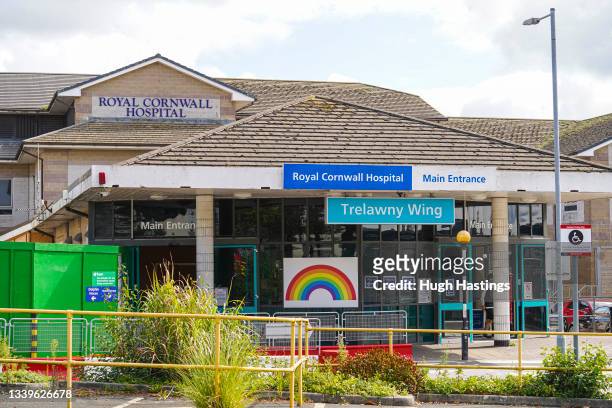 The main entrance at the Royal Cornwall Hospital is seen on September 11, 2021 in Truro, England. The Royal Cornwall Hospital Trust has temporarily...