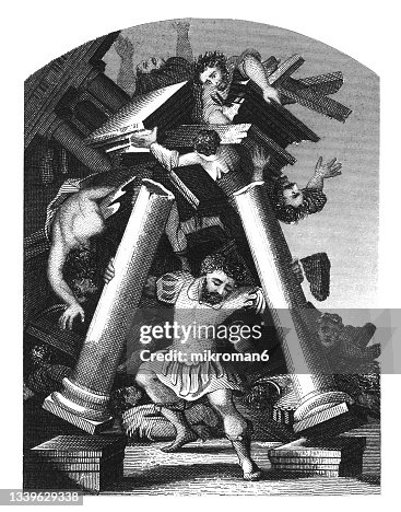 Old engraved illustration of the death of Samson Old engraved illustration of the death of Samson
