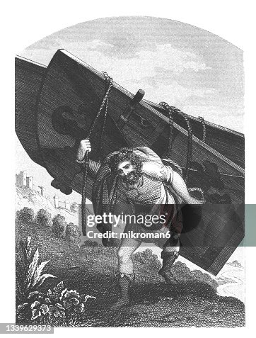 Old engraved illustration of Samson carries away the gates of Gaza Old engraved illustration of Samson carries away the gates of Gaza