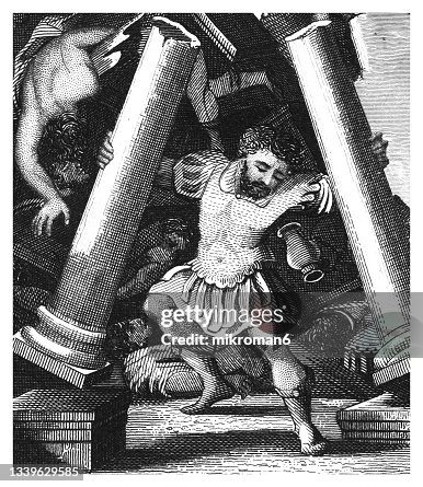 Old engraved illustration of the death of Samson Old engraved illustration of the death of Samson