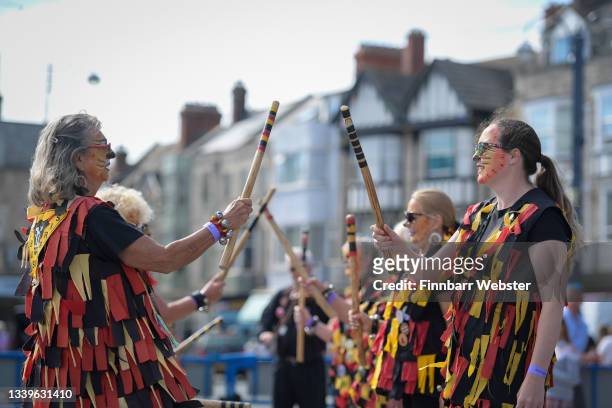Lobos Morris dancers on September 11, 2021 in Swanage, England. The practice of blackface in Morris dancing has been commonplace for centuries with...