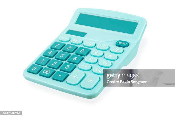 calculator blue color isolated on white background, clipping path. - mechanical calculator photos et images de collection