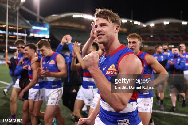 Mitch Hannan of the Bulldogs celebrates winning the AFL Second Preliminary Final match between Port Adelaide Power and Western Bulldogs at Adelaide...