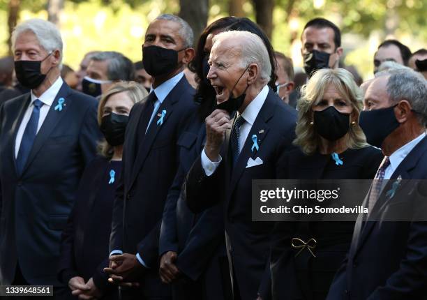 President Joe Biden calls out as he is joined by former President Bill Clinton, former First Lady Hillary Clinton, former President Barack Obama,...