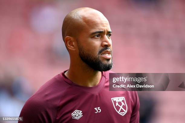 Darren Randolph of West Ham United looks on as he warms up prior to the Premier League match between Southampton and West Ham United at St Mary's...