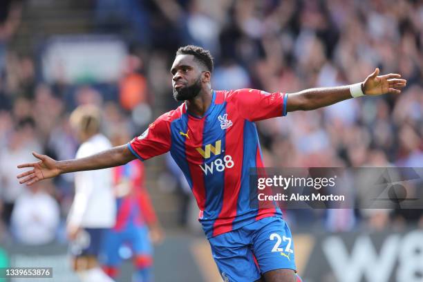 Odsonne Edouard of Crystal Palace celebrates after scoring their side's third goal during the Premier League match between Crystal Palace and...