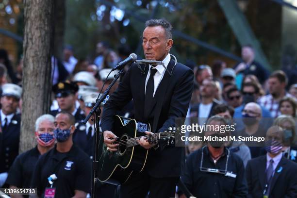Bruce Springsteen performs during the annual 9/11 Commemoration Ceremony at the National 9/11 Memorial and Museum on September 11, 2021 in New York...