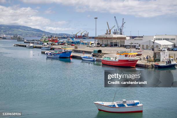 commercial harbor in a portuguese town - ponta delgada stock pictures, royalty-free photos & images
