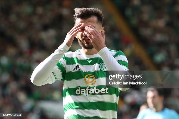 Albian Ajeti of Celtic reacts to a missed oppertunity during the Cinch Scottish Premiership match between Celtic FC and Ross County FC at on...