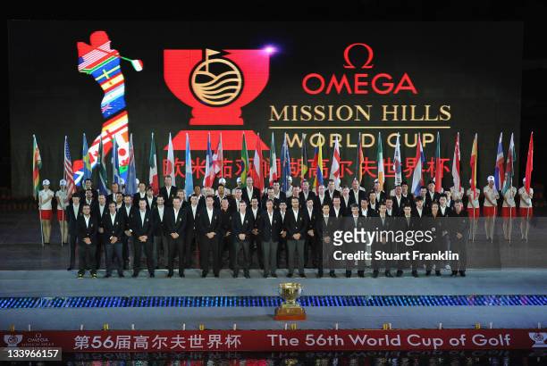 The teams of the competing nations line up during the opening ceremony prior to the start of the Omega Mission Hills World Cup at the Mission Hills'...
