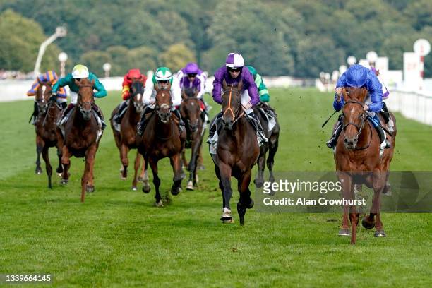 William Buick riding Hurricane Lane win The Cazoo St Leger Stakes at Doncaster Racecourse on September 11, 2021 in Doncaster, England.