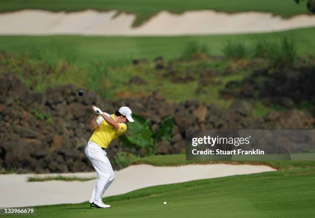 Rory McIlroy of Ireland plays a shot during practice for the Omega Mission Hills World Cup at the Mission Hills' Blackstone Course on November 23,...