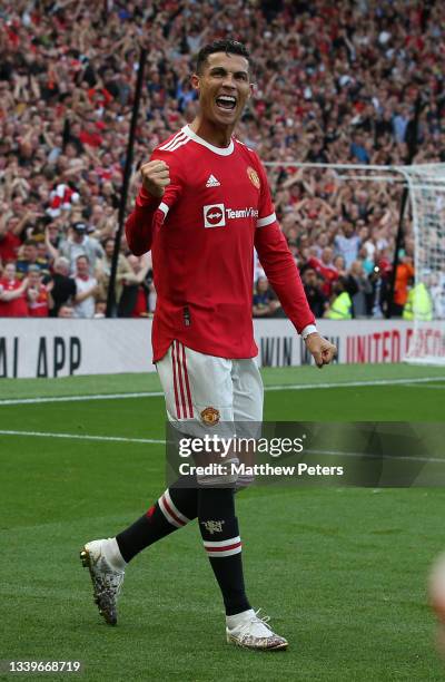 Cristiano Ronaldo of Manchester United celebrates scoring their second goal during the Premier League match between Manchester United and Newcastle...