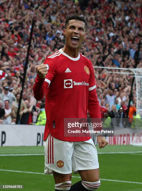 Cristiano Ronaldo of Manchester United celebrates scoring their second goal during the Premier League match between Manchester United and Newcastle...