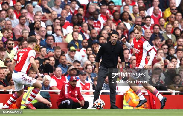 Mikel Arteta, Manager of Arsenal looks on during the Premier League match between Arsenal and Norwich City at Emirates Stadium on September 11, 2021...