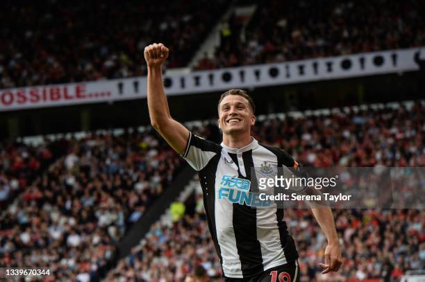 Javier Manquillo of Newcastle United FC celebrates after scoring the equalising goal during the Premier League match between Manchester United and...