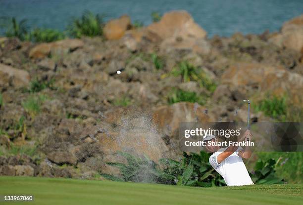 Martin Kaymer of Germany plays a shot during practice for the Omega Mission Hills World Cup at the Mission Hills' Blackstone Course on November 23,...