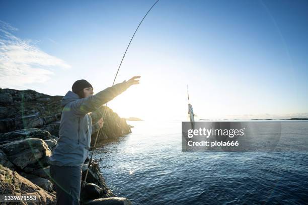 ロッドで海で釣りを回転させる女性は、ポロックをキャッチ - fishing ストックフォトと画像