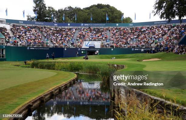 General view of the 18th hole during the third round of The BMW PGA Championship at Wentworth Golf Club on September 11, 2021 in Virginia Water,...