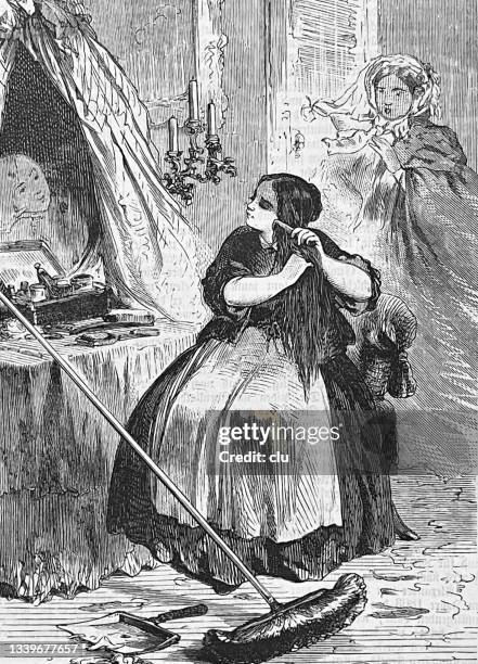 maid tends to the mistress's dressing table, mistress discovers this - dressing table stock illustrations