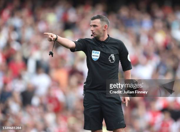 Referee Michael Oliver during the Premier League match between Arsenal and Norwich City at Emirates Stadium on September 11, 2021 in London, England.