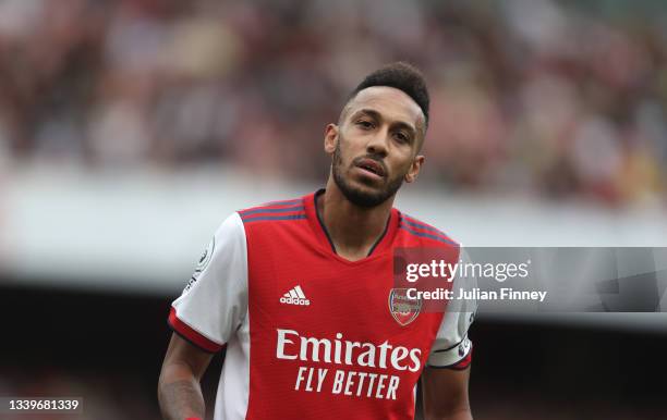 Pierre-Emerick Aubameyang of Arsenal looks on during the Premier League match between Arsenal and Norwich City at Emirates Stadium on September 11,...